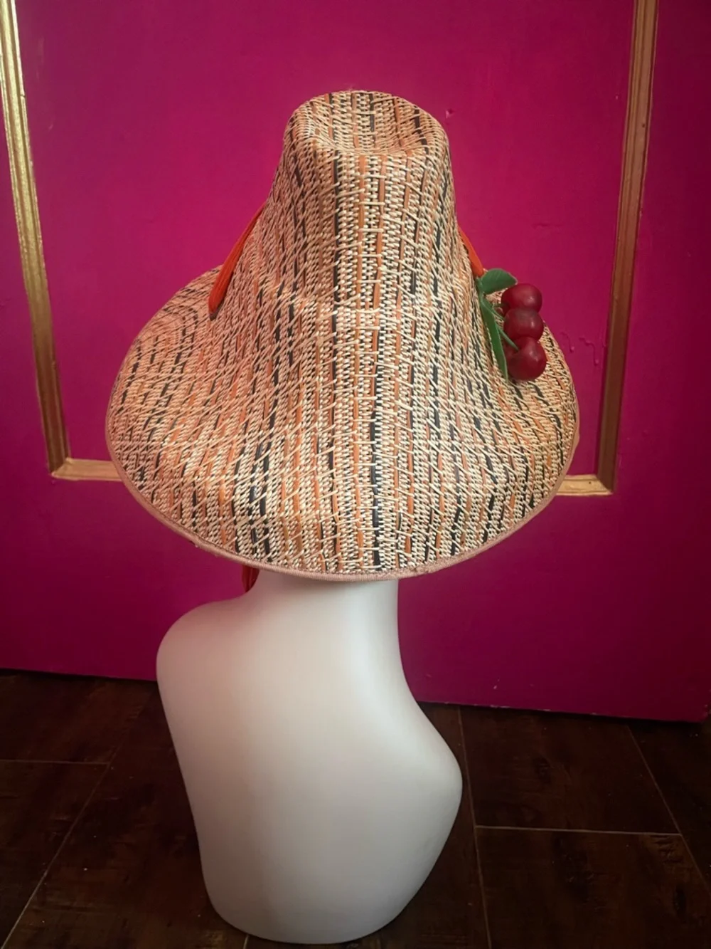 Vintage 1950’s Straw Sun Hat with Orange chiffon ribbon and Cherry Accent